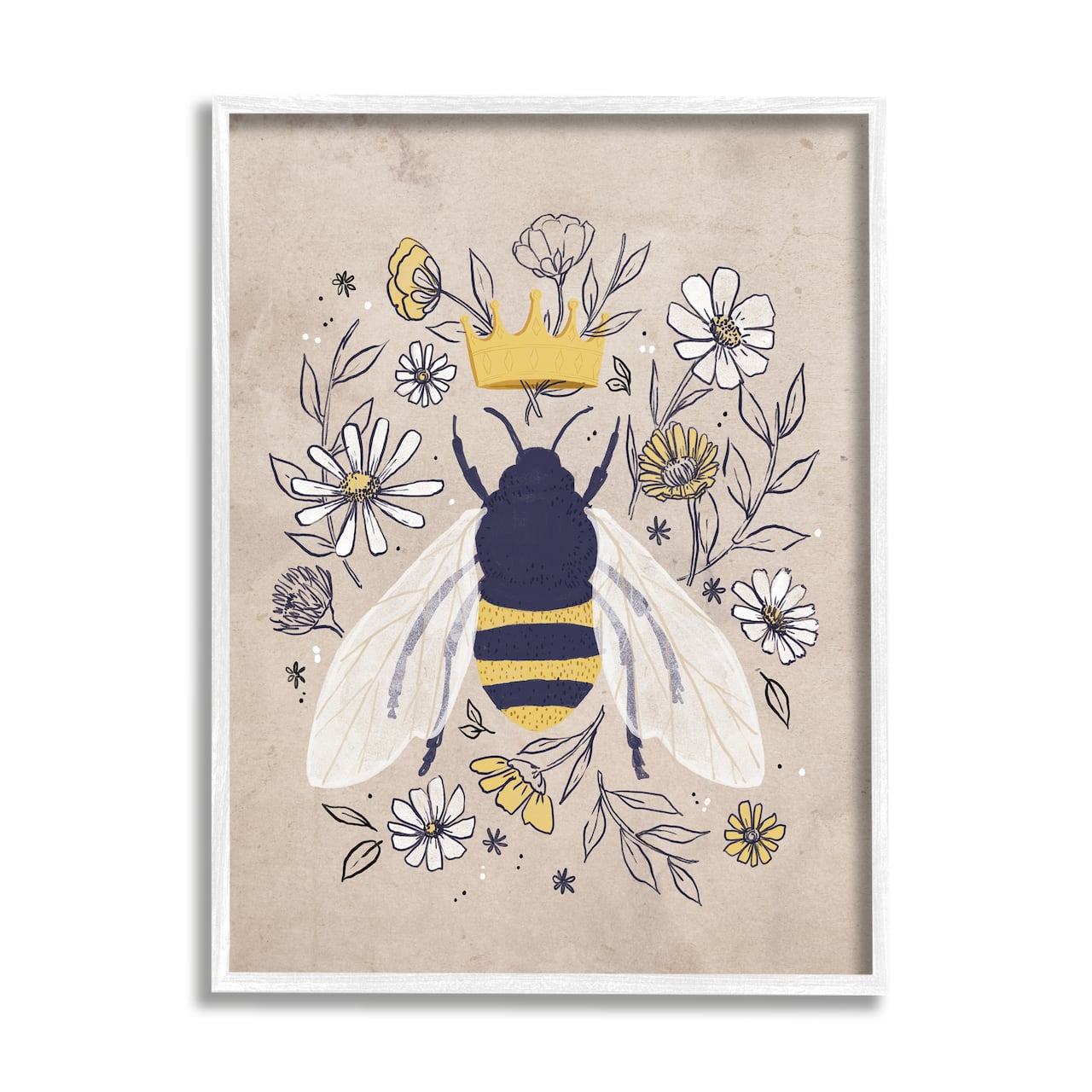 Stupell Industries Queen Bee with Crown Yellow White Daisy Florals in White Frame Wall Art